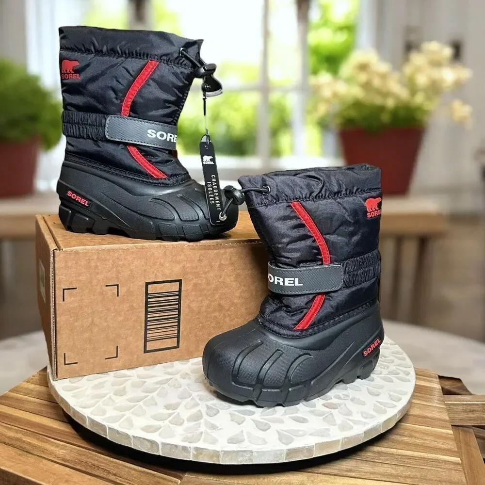 Sorel Kids Flurry Insulated Winter Snow Boots Black Red Size 10 US (27 EU) Water